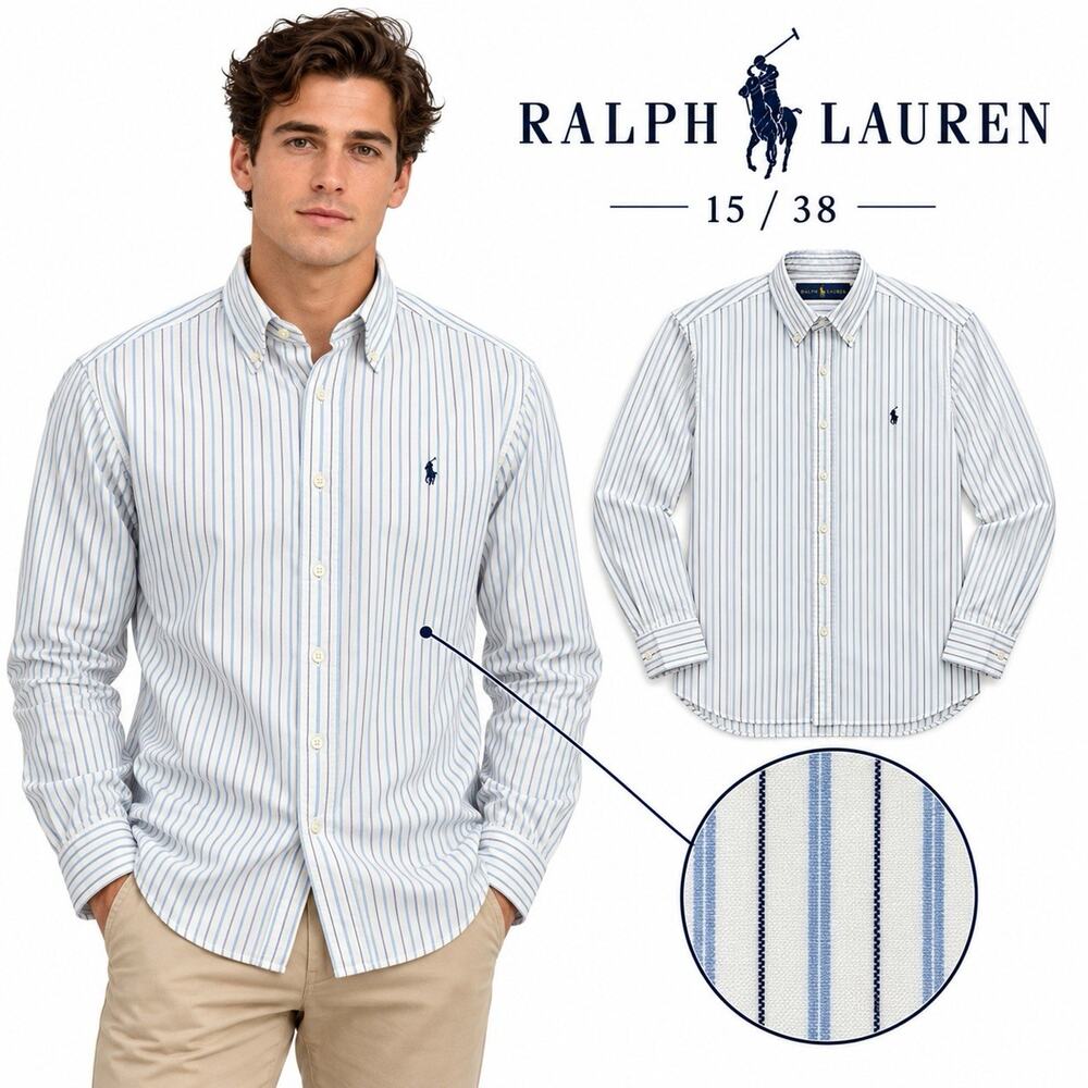 Ralph Lauren Mens 15/38 Striped Button Down Shirt White Blue Navy Pony